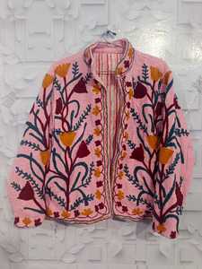 Pink Floral Embroidered Knit <b>Jacket</b> <b>Mandarin</b> <b>Collar</b> Long Sleeve Women's Eco-Friendly 100% Cotton Autumn/Winter/Summer Front - Product Image 1