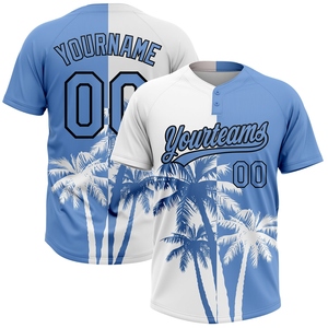 Maillot de softball unisexe à deux boutons, personnalisé, blanc, bleu clair-noir, avec des palmiers 3D d'Hawaï, le plus vendu de l'industrie, vente en gros directe - Product Image 1