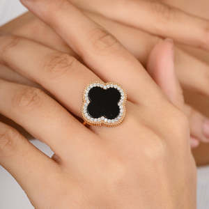 14K Gold Plated Black Onyx Zircon Clover Statement Ring-Gift - Product Image 1