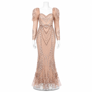 Designer Blush Pink Beaded Evening Gown for Women Luxury Embroidered Puff Sleeve Formal Party Dress Elegant Mermaid Maxi Outfit - Product Image 1