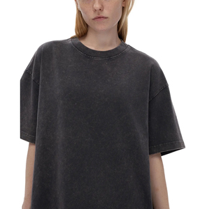 Camiseta de Cuello Redondo Oversize para Mujer, Color Sólido, Algodón Lavado, Corte Holgado, Manga Corta, Largo Regular, Tejido Jersey Transpirable - Product Image 5