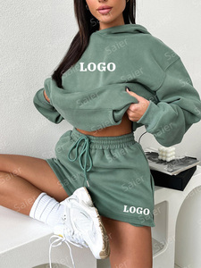 Women Hooded Cotton <b>Tracksuit</b> Set Solid Green Casual Loose Fit Drawstring Shorts Full Sleeve Autumn Wear - Product Image 5