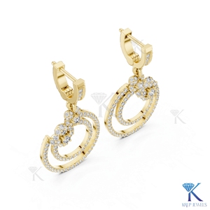 Boucles d'oreilles pendantes double cercle en diamant CVD HPHT de laboratoire, pavé floral, or massif 14 carats, bijoux de luxe pour femme, pour mariage et soirée - Product Image 2