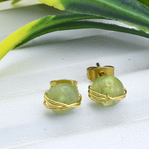 Peridot Wire Wrap Earrings 8mm | Round Green Gemstone <b>Studs</b> | Dainty Birthstone Jewelry - Product Image 4