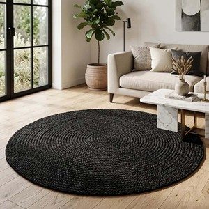 Black Handwoven Jute Round <b>Rug</b>, Natural Braided <b>Boho</b> Area Carpet, Eco Friendly Farmhouse Decor - Product Image 4