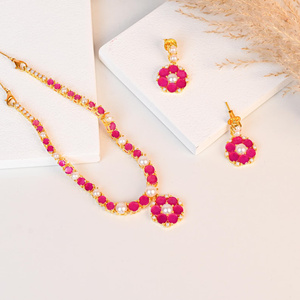 Gold Plated <b>Ruby</b> Pearl Floral <b>Necklace</b> Engagement Bezel Setting Vintage Lightweight Bridal Jewelry Traditional Indian Wedding - Product Image 2