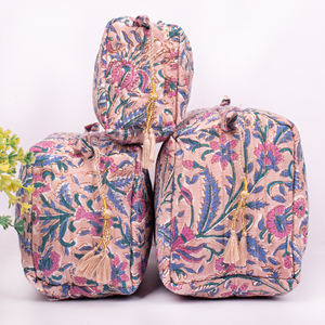 Unisex Hand Block Floral Print Eco-friendly Cotton <b>Cosmetic</b> <b>Bag</b> Small Bohemian Style Pouch <b>Travel</b> Packaging Zipper Closure Large - Product Image 1