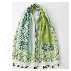Pañuelo de Chifón para Mujer, Estampado Geométrico, Estilo Étnico, Largo, Multifuncional, para Uso Diario en Todas las Estaciones, Borde con Borlas Verdes y Blancas - Product Image 2