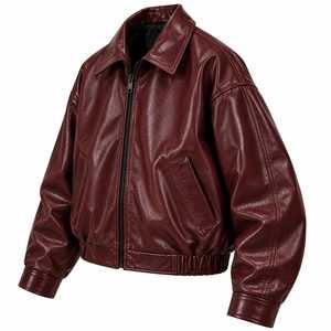 Blouson Bomber en Cuir PU pour Homme, Style Moto Biker, Col Rabattu, Fermeture Éclair, Couleur Unie, Coupe Droite, Longueur Courte, Automne - Product Image 2