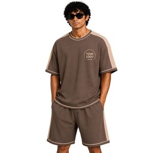Brown Mens Oversized T Shirt And Shorts <b>Set</b> Beige Contrast Panels Custom Logo Crew Neck Casual Streetwear Wholesale Manufacturer - Product Image 1