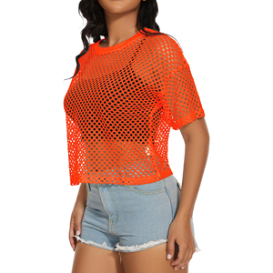 Wholesale Women's Fashion Wear 100% Mesh <b>Tops</b> Quality Short Sleeves <b>Mock</b> <b>Neck</b> Slim Fit Cheap Price Crop Shirt - Product Image 2