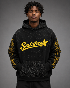 Sweat-shirt à capuche personnalisé noir avec strass et manches graphiques, sweat-shirt streetwear oversize, sweat-shirt à capuche avec logo personnalisé premium pour homme - Product Image 1
