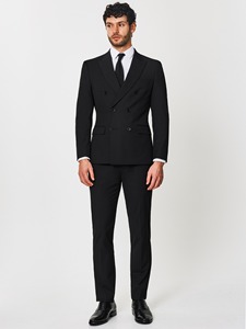 Costume en laine noir croisé pour homme, style britannique, tenue de cérémonie professionnelle, col cranté, devant plat, coupe droite - Product Image 1