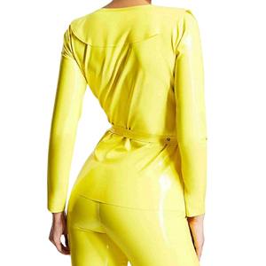 Mono amarillo de PU para mujer, manga larga, cuello en V, cintura alta, ajuste ceñido con cinturón, ropa de club, largo completo, color sólido - Product Image 6