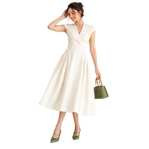 Robe midi élégante en satin blanc, col en V, manches courtes, coupe trapèze, avec lien à nouer, ourlet évasé, pour occasions formelles, été/printemps, respirante, pour femme - Product Image 1
