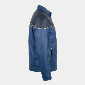 Wholesale Mens Two Tone Blue <b>Leather</b> <b>Biker</b> <b>Jacket</b> Contrast White Piping Snap Tab Stand Collar Cafe Racer B2B Custom Manufacturer - Product Image 3
