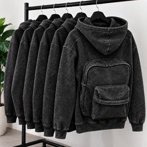 Sweat à capuche pour homme effet délavé |   Sweat-shirt à capuche noir surdimensionné avec poche pour sac à dos au dos |   Streetwear personnalisé - Product Image 1