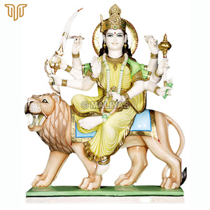 Handcrafted Durga Devi on Lion with Green Drapery and Golden Crown | Sacred Marble Artwork by MALIYAS Jaipur India - Product Image 2