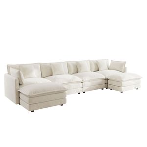 Divano Sezionale Modulare a U Grande Reversibile con Chaise Longue, Comodo Divano da Soggiorno in Ciniglia Bianca con Doppi Pouf Extra - Product Image 4