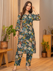Ethnic Cotton Quick Dry Traditional Knee-Length <b>Kurta</b> Pant <b>Women</b> Regular Fit Digital Printed Floral Design India Pakistan Casual - Product Image 3