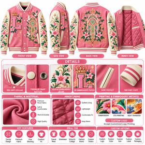 แจ็คเก็ตวาร์ซิตี้ปักลายดอกไม้สีชมพู แจ็คเก็ตเบสบอลหนัง PU แบบยูนิเซ็กส์ ดีไซน์วินเทจลายตัวอักษรและมงกุฎ - Product Image 6