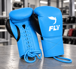 ถุงมือชกมวยหนังวัวสีน้ำเงิน Fly Blue แบบผูกเชือก สำหรับผู้ใหญ่ ดีไซน์ระบายอากาศได้ดี - Product Image 2