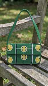 Handmade Black Polyester Textile Strap Green Circular <b>Red</b> Center Detail Rectangular Shape Glass Beads Washable <b>Handbag</b> Craft - Product Image 1