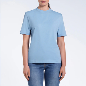 T-shirt pour femme en coton 100% bleu clair, col rond, coupe classique, manches courtes, style décontracté, toutes saisons, respirant, tricot jersey - Product Image 1