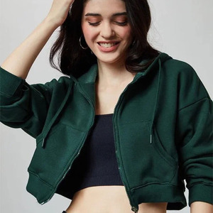 Green <b>zipper</b> hoodie women Cotton knitted full sleeve Casual autumn wear pocket Breathable solid color hoodie - Product Image 2