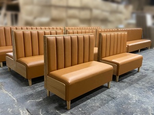 Asientos de Cuero PU Color Bronceado Estilo Mediados de Siglo para Restaurante, Banco de Comedor con Respaldo de Canal <span class=keywords><strong>Vertical</strong></span> y Base de Madera para Cafetería, Bar, Hotel - Product Image 6