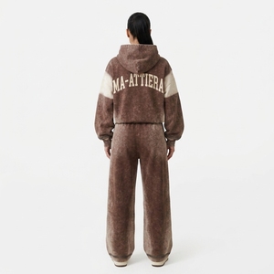 Custom <b>Women</b> <b>Brown</b> Acid Wash Color Block Cropped Hoodie Wide Leg Sweatpants Cotton Fleece <b>Tracksuit</b> OEM Wholesale - Product Image 2