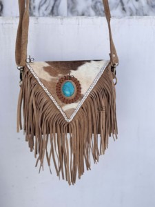 Sac bandoulière en cuir de vachette à franges, style bohème, avec pierres turquoise, sac à main élégant, petit sac très tendance - Product Image 5