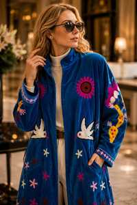 Veste de luxe en velours bleu style bohème, avec broderies colorées d'oiseaux et de fleurs, manteau long en velours brodé à la main style Suzani - Product Image 3