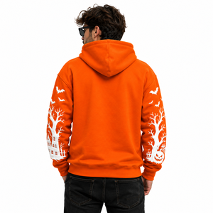 เสื้อฮู้ดลายกราฟิกฮาโลวีนสำหรับผู้ชาย สีส้ม แบบสวมหัว พิมพ์ลาย 3 มิติ รูปฟักทอง ค้างคาว บ้านผีสิง และสุสาน - Product Image 4