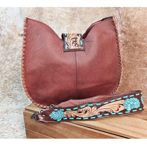 Western Cowhide Leather Fashion <b>Tote</b> <b>Bag</b> Hand Tooled Floral Shoulder Purse Brown Accent Lightweight Durable Single Adjustable - Product Image 2