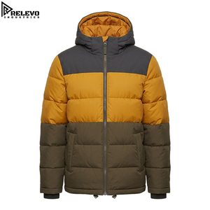 เสื้อแจ็คเก็ตพัฟเฟอร์ผู้ชาย OEM สำหรับฤดูหนาว แบบหลายชิ้นต่อชิ้น พร้อมฮู้ด หนานุ่ม สีเหลืองมัสตาร์ด - Product Image 1