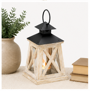 Farol de Madera Rústico Estilo Granja con Tapa Metálica, Portavelas Decorativo Vintage para Centro de Mesa de Boda, Decoración de Jardín - Product Image 5
