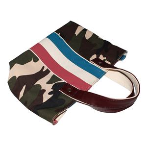 Asa de cuero genuino con interior 12 OZ Lona natural Rayas impresas Forrado Poly Viscosa Mezcla Camflauge Imprimir Tela Tote Bag - Product Image 5