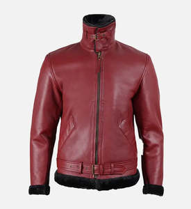 Luxury Burgundy Genuine Leather <b>Jacket</b> Men <b>Shearling</b> Fur Lined B3 Aviator <b>Bomber</b> Winter Coat Belted Windproof Sheepskin <b>Jacket</b> - Product Image 5