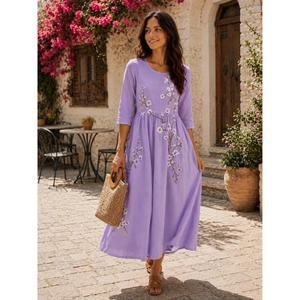 Multi Color Handmade A-Line Maxi <b>Dress</b> Three Quarter Sleeve O-Neck 100% Cotton Eco-Friendly Breathable Party Summer <b>Romantic</b> - Product Image 1