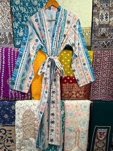 Kimono de algodón con estampado floral, túnica de playa, caftán bohemio de verano, regalo para damas de honor, kimono de algodón con estampado de bloques. - Product Image 6