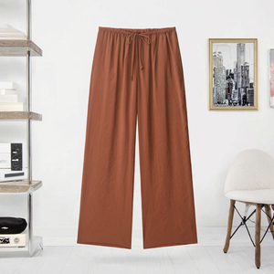 Breathable Summer Mid Waist <b>Drawstring</b> Flat Front Woven Casual Fashion Brown Full Length Long Pants <b>Trousers</b> for Women OEM - Product Image 3