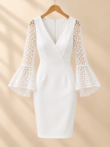 Elegant White V-Neck Pencil <b>Dress</b> With Lace <b>Bell</b> <b>Sleeves</b> Knee-Length Fitted Summer Party <b>Dress</b> - Product Image 2