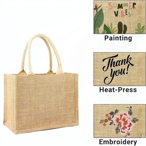 Sac fourre-tout réutilisable en jute naturel, écologique, style bohème, grande capacité, pour le shopping ou la plage, impression personnalisée OEM - Product Image 2