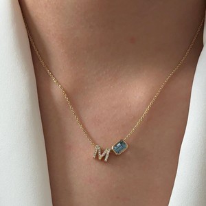 Toi Et Moi Custom Name Jewelry Solitaire Bezel Emerald Aquamarine Lab Grown Diamond <b>Initial</b> Pendant <b>Necklaces</b> 14k 18k Solid Gold - Product Image 1