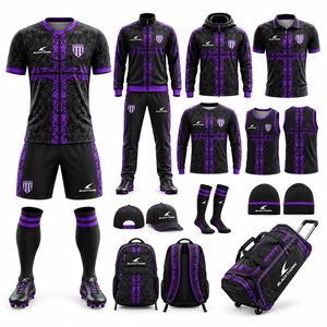 Ensemble de tenue de football pour hommes, noir et violet, maillot sublimé, short, chaussettes, sweat-shirt, veste, sac à dos, toutes saisons, polyester - Product Image 1
