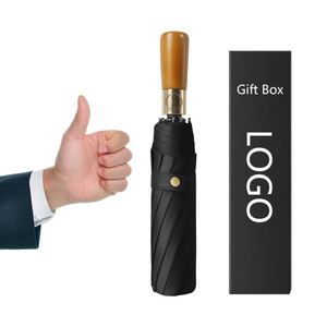 OEM Custom Luxury <b>Windproof</b> Business Folding <b>Umbrella</b> With Pongee Material Automatic Opening Wood Handle Logo Gift Box - Product Image 1