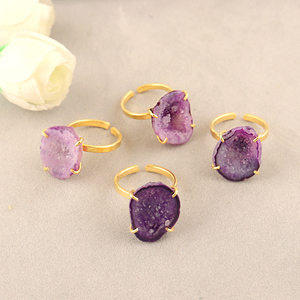 Natural 18k Gold Plated Purple Druzy Agate <b>Adjustable</b> Fashion <b>Ring</b> Raw Organic Gemstone Statement Wholesale Women's Accessories - Product Image 4