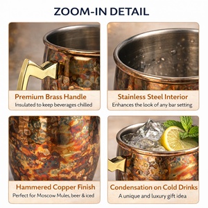Mug Moscow Mule 500ml en acier inoxydable avec poignée |   Design martelé durable pour bière, vin et boissons glacées - Product Image 2