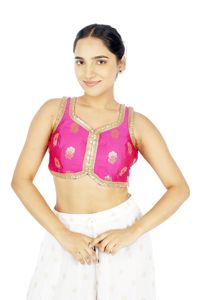 Blusa Corta de Seda 100% Tejida con Brocado Floral y Cuello en V Rosa para Mujer, Ideal para Bodas - Product Image 1